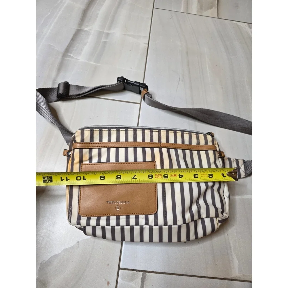 TwelveLittle Stripe Fanny Pack Waist Bag Nylon‎ Tan Cream Brown Adjustable Strap